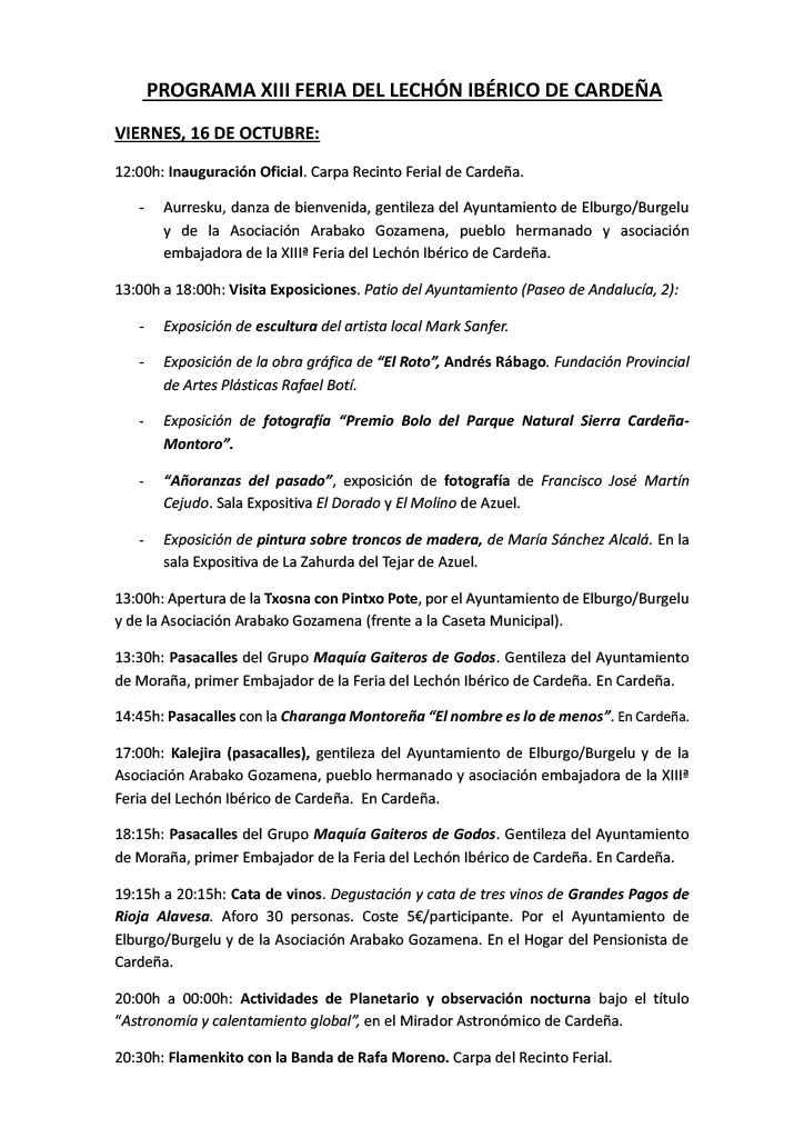La Feria del Lechón de Cardeña se celebrará del 16 al 18 de octubre